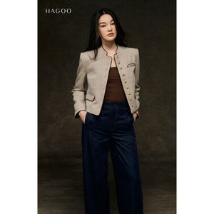 Chaqueta Blazer Corta de Mujer con Cuello Mandarín, de Lana Peinada, con Botones Delanteros, Tejida, para Oficina y Uso Casual [B8084] - Product Image 2