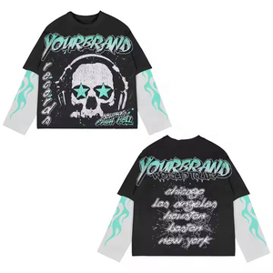 Camiseta de manga larga con cuello redondo y estampado de calavera negra para hombre, estilo streetwear con estampado de llamas - Product Image 1
