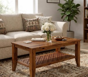 Traditional Carved Solid Wood <b>Coffee</b> <b>Table</b> | Handcrafted Wooden Center <b>Table</b> with Carved Shelf | 2-Tier Solid Wood <b>Coffee</b> <b>Table</b> - Product Image 1