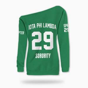 Sudadera Personalizada Iota Phi Lambda con Hombros Descubiertos, Color Verde Esmeralda, Sudadera de la Hermandad Iota Phi Lambda Desde 1929 - Product Image 6