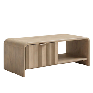 Table basse artisanale en bois de manguier massif, de forme carrée et courbée, avec un tiroir de rangement à motif cannelé, pour la maison, le bureau ou le salon - Product Image 1