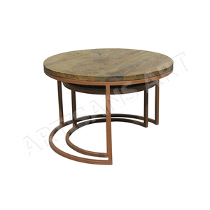Round Solid Wood Nesting <b>Coffee</b> <b>Table</b> Set with Metal Frame Stackable Living Room Side <b>Tables</b> Space Saving Modern Furniture Duo - Product Image 3