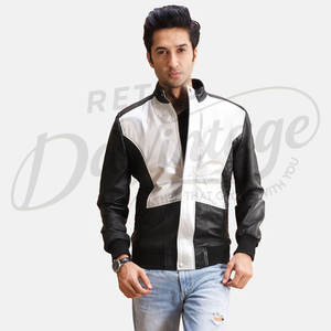 Veste en cuir véritable contrastée noir et blanc pour homme, veste de motard élégante à deux tons, coupe ajustée, veste bomber tendance urbaine - Product Image 1