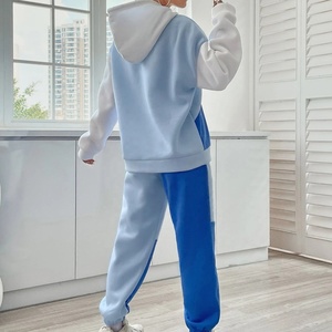 Conjunto de Sudadera con Capucha y Bloques de Color para Mujer, Manga Larga, Corte Holgado, Chándal con Bolsillos Laterales, Azul y Blanco, Estilo Casual de Otoño - Product Image 2