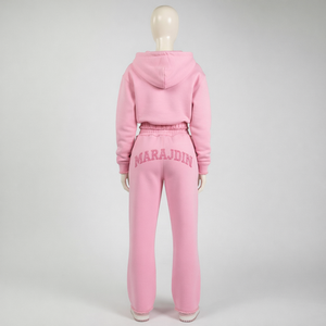 Conjunto de dos piezas de ropa urbana de invierno para mujer: Sudaderas con capucha largas de color rosa con efecto desgastado y lavado ácido, y joggers de corte holgado. - Product Image 5