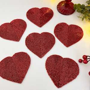 Handmade <b>Beaded</b> <b>Placemat</b> for Table Heart Shape Heat-Resistant Backing & Genuine Red Glass Beads Coaster - Product Image 3