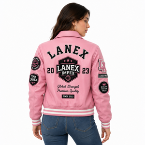 Custom Pink Leather Varsity <b>Jacket</b> for <b>Men</b> Premium Letterman Bomber <b>Jacket</b> with Embroidered Chenille Patches OEM ODM Manufacture - Product Image 4