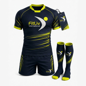 Uniforme de Rugby Unisex FitLiv International de Alta Calidad, Color Azul Marino y Amarillo, Transpirable, de Poliéster, Talla Adulto, Servicio OEM sin Costuras - Product Image 1