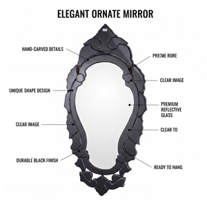 Espejo de Pared Negro Veneciano de Lujo, Forma Asimétrica con Marco Curvo Ornamentado, Acabado Brillante |   Espejo Decorativo para Decoración del Hogar - Product Image 6