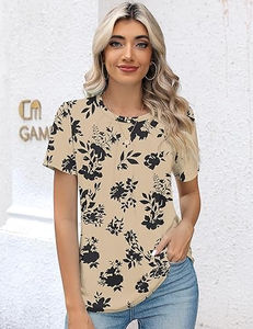 Blouses décontractées pour femmes à col rond et manches courtes, imprimé feuilles, logo frontal, écologiques, vêtements tendance 2026 - Product Image 5