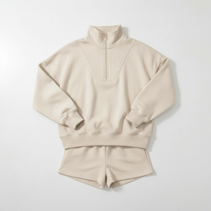 Premium Women Tracksuit Set Half <b>Zip</b> Sweatshirt Shorts Set Custom Loungewear - Product Image 4