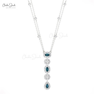 Collar de Topacio Azul Londres Natural de 5x3mm con Cierre de Resorte y Halo de Diamantes en Oro Sólido de 14k, Envío Gratis, Joyería - Product Image 3