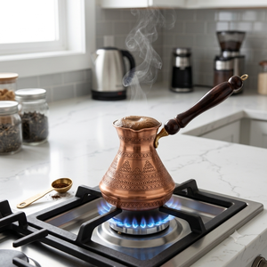 Cafetera Turca Cezve de Cobre Puro con Grabado Vintage, para Estufa, Estilo Griego Briki Ibrik, con Mango de Madera Oscura Brillante - Product Image 4