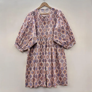 Robe midi décontractée en coton pour femme avec manches ballon - Robe d'été style babydoll taille empire - Tunique ample 100 % coton à col en V - Product Image 1