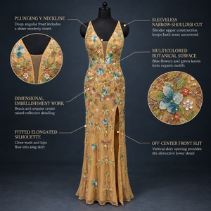 Multicolor Floral Evening Dress Deep V Neck Sleeveless Sheath | Gold Floor Length Botanical <b>Sequin</b> Side Slit Formal Party Dress - Product Image 5