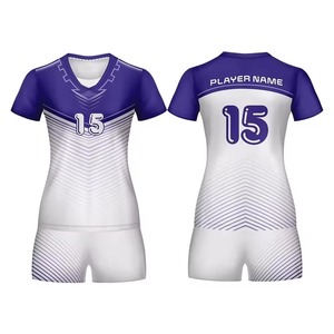 ชุดวอลเลย์บอลหญิงสั่งทำพิเศษ สีม่วงขาวลายทาง พิมพ์ลายแบบ Sublimation ผ้าโพลีเอสเตอร์ 100% ระบายเหงื่อได้ดี ทรงพอดีตัว แขนสั้น - Product Image 1