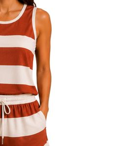 Ensemble de pyjama en satin pour femme, rayures orange rouille et ivoire, débardeur sans manches avec short à taille élastique, ensemble de vêtements de nuit de luxe - Product Image 3