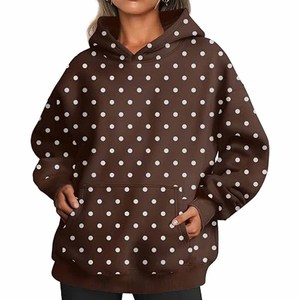 Sweat-shirt à capuche oversize en molleton de coton imprimé à pois marron pour femme, style décontracté et preppy, vente en gros - Product Image 5