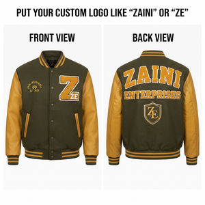 ZAINI Premium Wool Blend Varsity <b>Jacket</b> 450 GSM Olive Green Body Gold PU <b>Leather</b> Sleeves Custom Embroidered Front Back Logo - Product Image 1