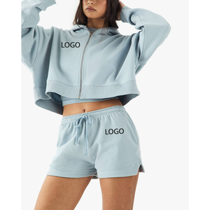 Wholesale Matching <b>Set</b> Oversized Crop Hoodie& Shorts Breathable Airport Outfit For Travelling Women 2PCS Sportswear - Product Image 4