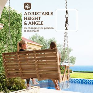 Dondolo a 3 posti in legno per veranda con portabicchieri e catene di sospensione, per patio e giardino, in legno naturale per il relax all'aperto - Product Image 5
