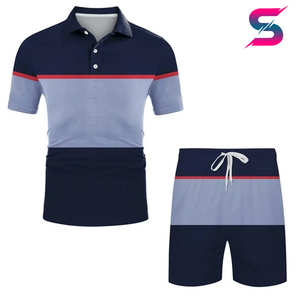 เสื้อโปโลและกางเกงขาสั้นชุดเซ็ตผู้ชายแบบสวมใส่สบาย สีสันตัดกัน ดีไซน์ใหม่ ราคาขายส่ง สำหรับฤดูร้อน ผ้าถัก ระบายอากาศได้ดี - Product Image 4