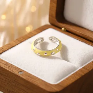 Yellow Color Enamel Heart Shape <b>Rings</b> 18k Silver Plated Brass <b>Adjustable</b> Statement Minimalist Trendy Style Women Fashion Jewelry - Product Image 3