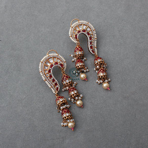 Rikita Gold Plated Diamond Drop Earrings with Ruby Pearl Polki Design - Product Image 1