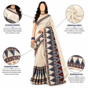 Geometric Print Saree Mirror Work Border Traditional Indian Dress Floor-Length Quick Dry Lightweight <b>Fabric</b> for Party Wedding - Product Image 1