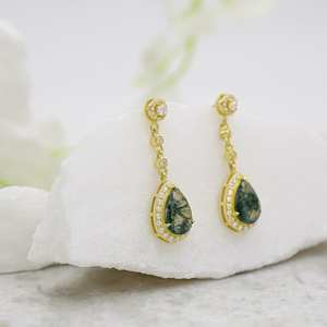 Boucles d'oreilles en agate mousse, forme poire, argent sterling 925, plaqué or 14 carats, bijoux en pierres précieuses pour femmes - Product Image 3