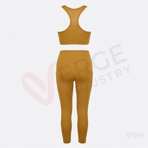 Ensemble de yoga 2 pièces sans couture jaune moutarde pour femme : Soutien-gorge de sport dos nageur et Legging long taille haute en maille - Product Image 4