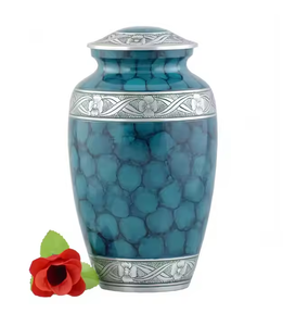 Elegant Teal Blue Pebble Texture Metal Cremation Urn for Human Ashes with Handcrafted Silver Floral Border <b>Memorial</b> <b>Keepsake</b> - Product Image 1