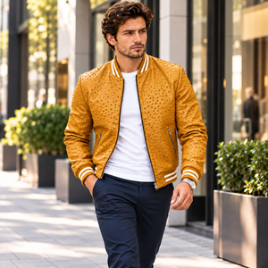 Wholesale <b>Yellow</b> Textured Bomber <b>Jacket</b> for <b>Men</b> Custom Color Private Label OEM Leather Outerwear - Product Image 3