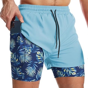 Shorts de sport 2-en-1 pour hommes, avec compression intégrée, imprimé tendance plage, poche téléphone, fabrication OEM en gros - Product Image 3