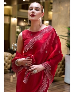 KV Elegant <b>Red</b> Shimmer Chiffon with Fine Embroidery <b>Saree</b> With Unstitched Blouse - Product Image 6