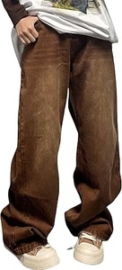 Pantalon en jean marron délavé coupe ample et large pour homme grande taille, style streetwear décontracté, taille mi-haute, 100 % coton tissé - Product Image 6