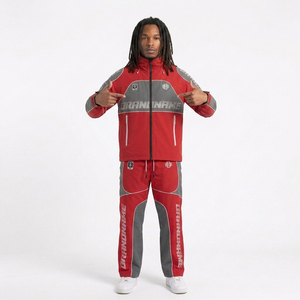 Ensemble de survêtement unisexe rouge 2 pièces : veste à capuche zippée et pantalon de survêtement en nylon coupe-vent respirant, tenue de sport décontractée coupe ample - Product Image 6