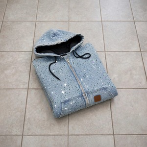 Custom Men's <b>Zip</b>-Up Denim Hoodie Vintage Acid Wash Rhinestone Crystal Streetwear Oversized Baggy Hoodie OEM Manufacturer - Product Image 3