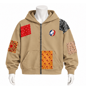 Sweat à capuche zippé oversize en patchwork tapisserie kaki, avec fermeture éclair intégrale, imprimé patch, style streetwear décontracté - Product Image 1
