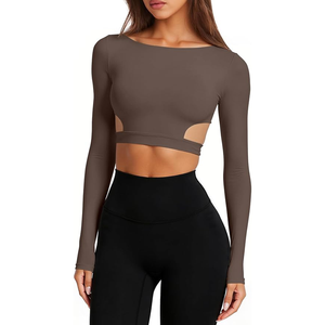 Women Seamless Brown Long Sleeve Yoga Top Square Neck Cut-Out Solid <b>Color</b> Activewear Full Sleeve Breathable Fitness <b>Shirt</b> - Product Image 1