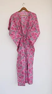 Robe kaftan rose à imprimé floral ethnique, coupe ample, 100% coton, tenue de plage estivale, robe longue pour femmes - Product Image 2