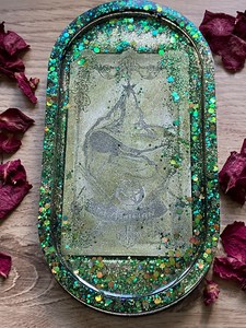 Bandeja Ovalada Verde Azul Dorado, Tarot del Mago, Brillantina Iridiscente, Resina Hecha a Mano, Decoración para el Hogar - Product Image 6