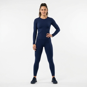 <b>Women</b> <b>Navy</b> Blue Ribbed Long Sleeve <b>Top</b> High Waist Leggings Yoga Set Gym Fitness Workout Activewear - Product Image 2