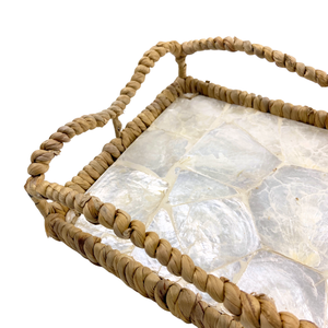 Bandeja rectangular de MDF hecha a mano con elegante incrustación de Capiz blanca y asas de jacinto de agua Bandeja decorativa de fibra natural para servir - Product Image 6