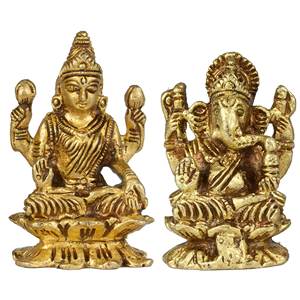 Sculpture en laiton de Lakshmi Ganesha de 2 pouces faite à la main, petit article fabriqué en Inde pour offrir - Product Image 1
