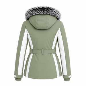 Veste de ski imperméable pour femme 2026, verte avec empiècements blancs, capuche en fausse fourrure, isolation synthétique, fermeture éclair, fabricant direct - Product Image 3
