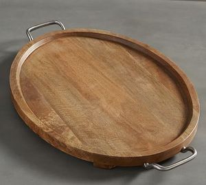 Plateau de service rond en bois moderne et durable fait à la main avec poignée en fer, compatible lave-vaisselle, pour cuisine, table à manger, plateau décoratif pour ottoman - Product Image 6