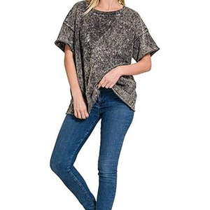 <b>Round</b> Neck Female Soft Breathable Women Acid Wash T-shirt Regular Fit Plain style Durable Loose Fitting Women Acid Wash T-shirt - Product Image 4