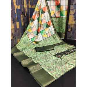 ATTRACTIVE DOLA SOIE IMPRIMÉ NUMÉRIQUE TRAVAIL SAREE AVEC BLOUSE NON COUCHÉE VERT - Product Image 1