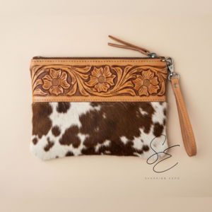 Western Genuine Leather Tooled Cowhide <b>Wristlet</b> Clutch Wallet Floral Embossed Handmade Hair On Zipper Pouch for Women - Product Image 2